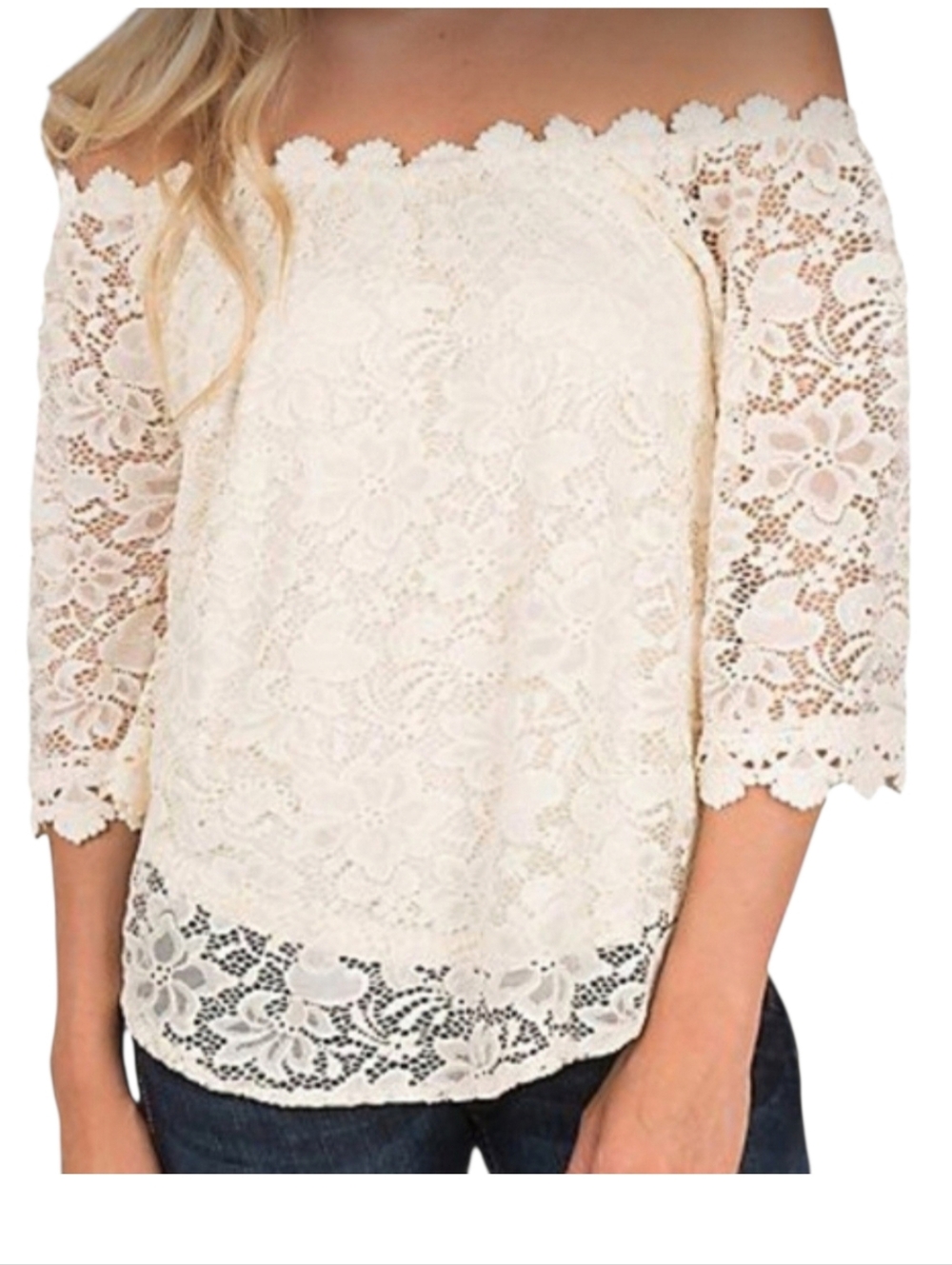 Umgee Women's Off-Shoulder Lace Cream Romantic Cottagecore Top Sz M
